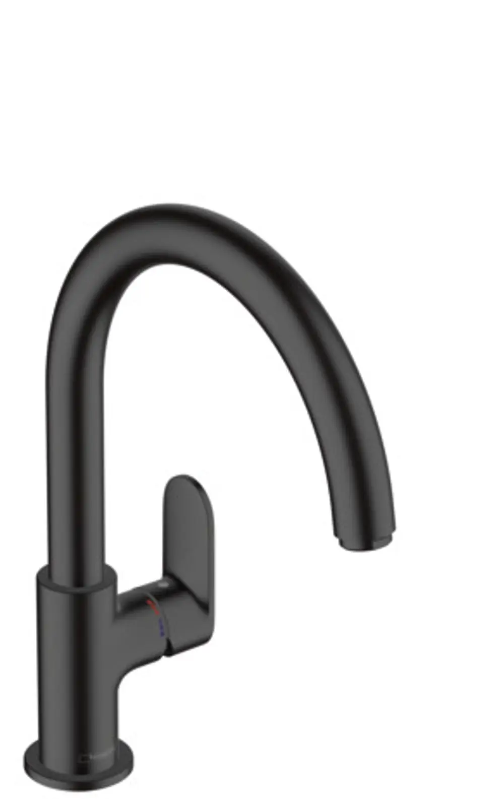 Schwarzer Küchenarmatur von Hansgrohe mit einem gebogenen Auslauf und einem seitlichen Hebel zur Wassersteuerung.